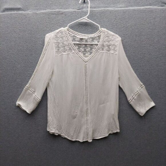 John Paul Richard Womens Lace Detailed Ivory Blouse L 3/4 Sleeve V-Neck Rayon & - Picture 1 of 4